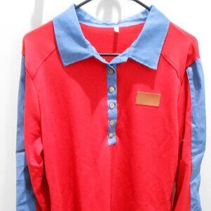 Men's Red & Blue Long Sleeve Pullover Collared Shirt w/Faux Leather Patch-Large
